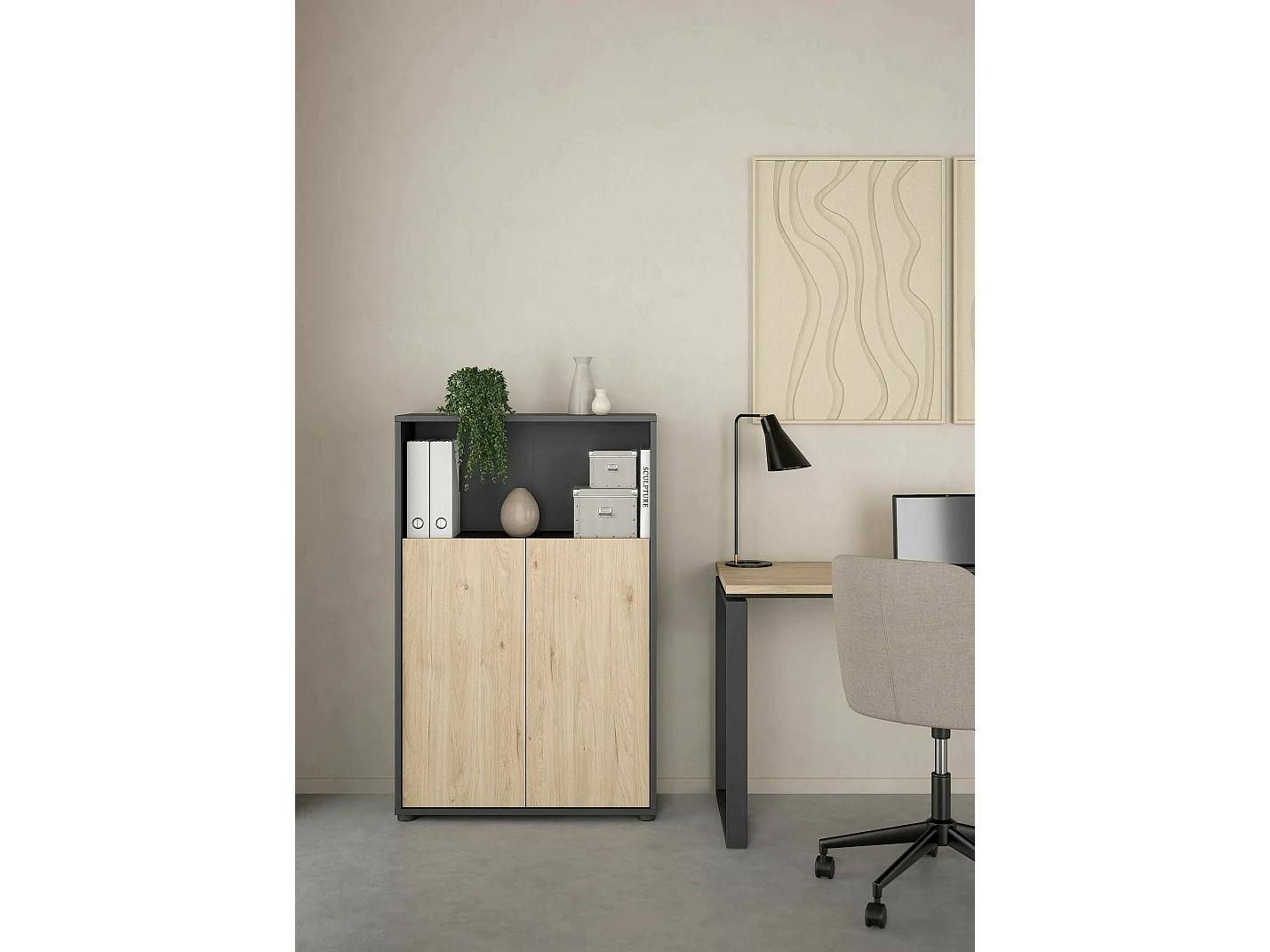 Bibliothèque Dtass, Etagère de bureau, Porte-livre mobile, Librairie, 80x34 h124 cm, Chêne et Gris