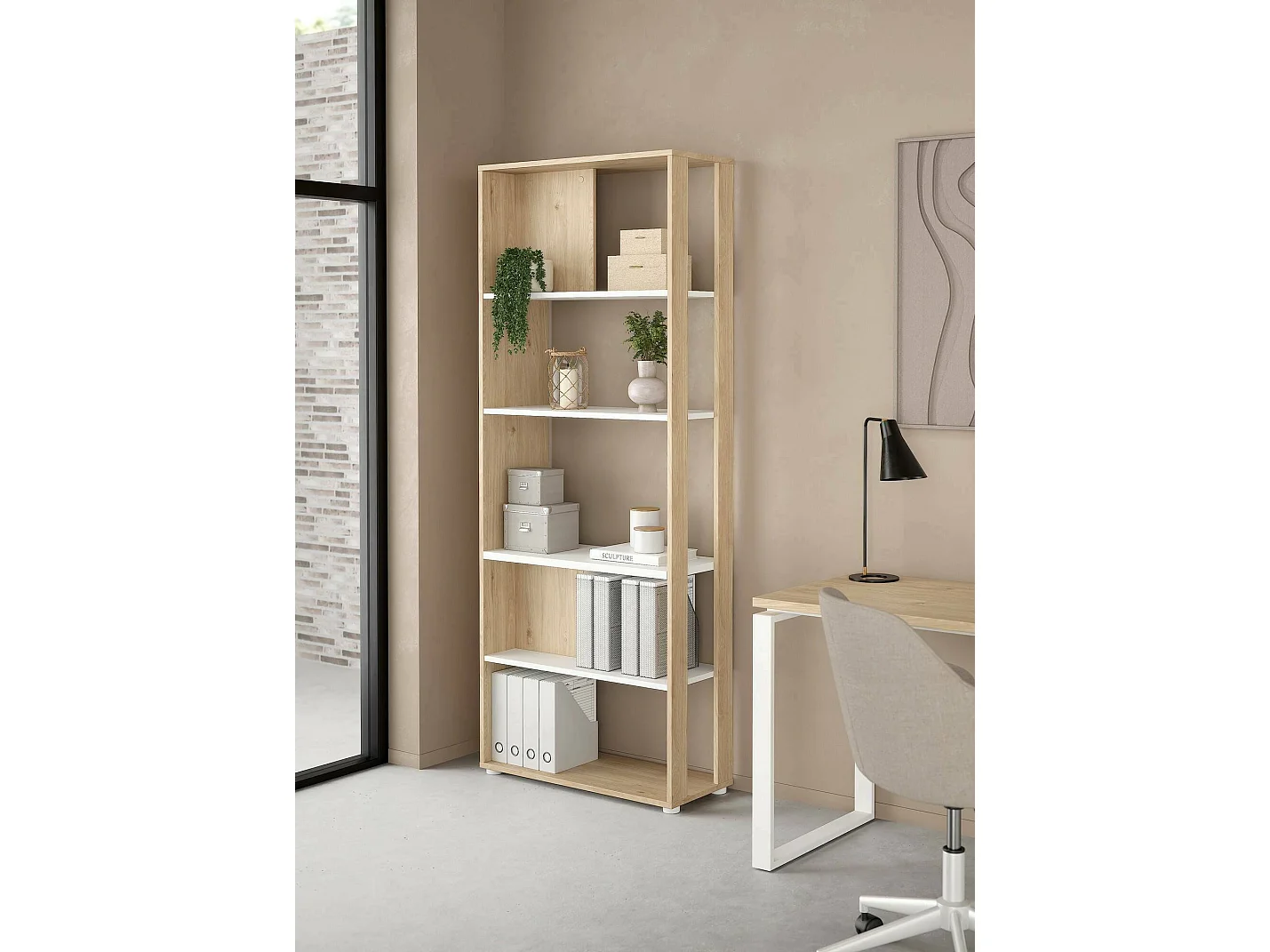 Bibliothèque Dspelt, Etagère de bureau, Porte-livre mobile, Librairie, 80x34 h205 cm, Chêne clair et Blanc