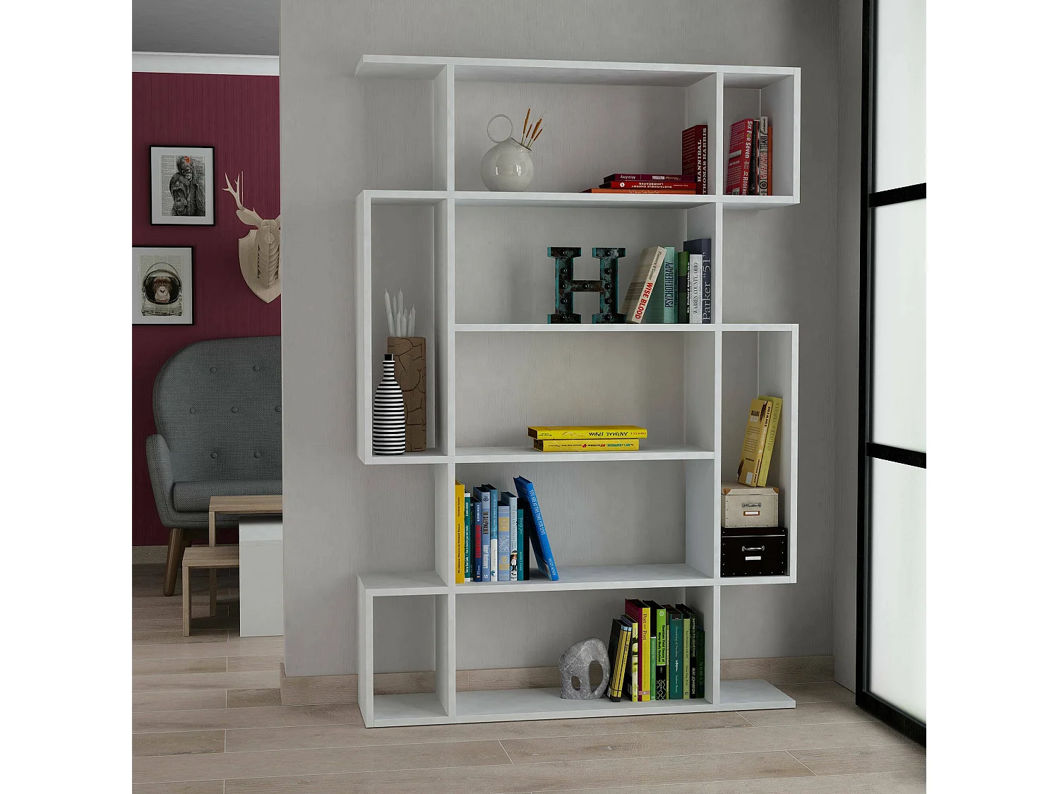 Bibliothèque Dmarginea, Etagère de bureau, Porte-livre mobile, Librairie, 110x26 h161 cm, Blanc