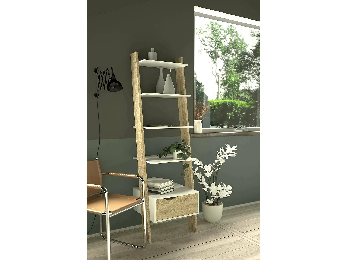 Dsol boekenkast, Kantoorplank, Boekenkast, Bibliotheek, 55x48 h180 cm, Wit en Eiken