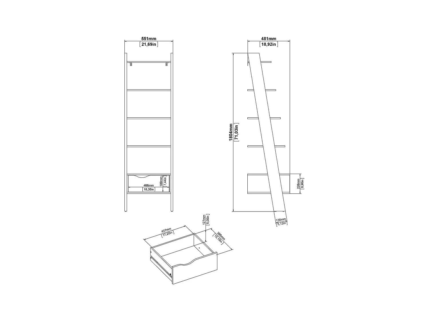 Dsol boekenkast, Kantoorplank, Boekenkast, Bibliotheek, 55x48 h180 cm, Wit en Eiken