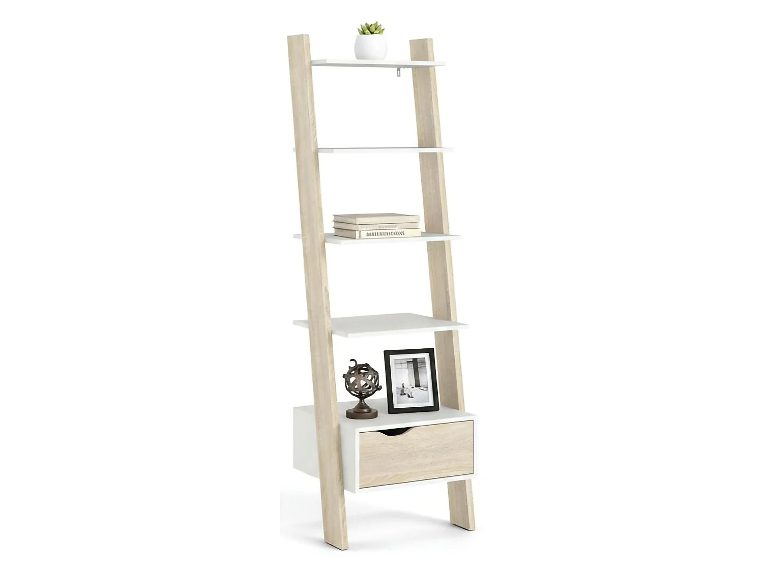 Bibliothèque Dsol, Etagère de bureau, Porte-livre mobile, Librairie, 55x48 h180 cm, Blanc et chêne