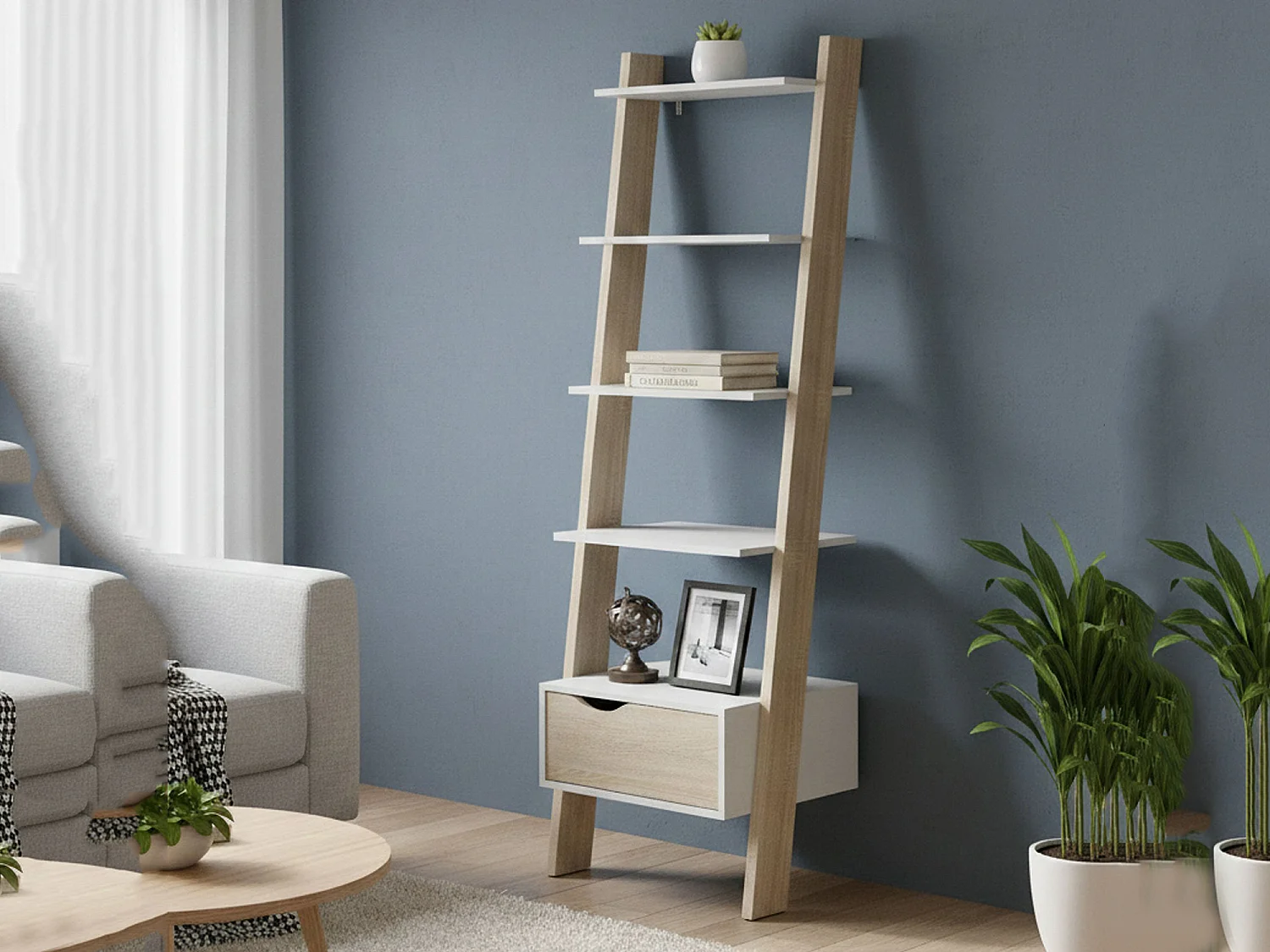 Bibliothèque Dsol, Etagère de bureau, Porte-livre mobile, Librairie, 55x48 h180 cm, Blanc et chêne