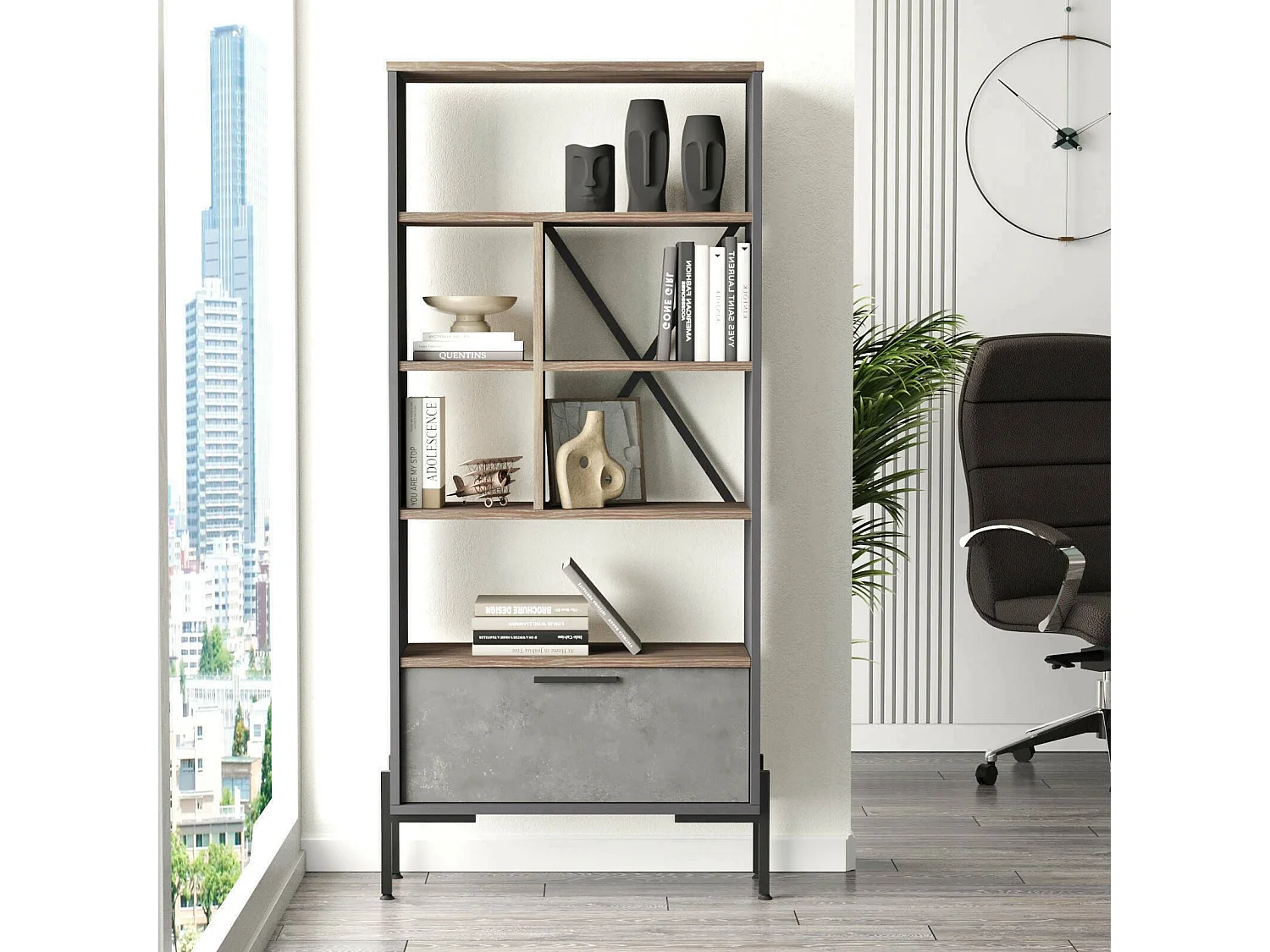 Dmora - Libreria Fabrice, 76x45 h161 cm, Marrone e Grigio