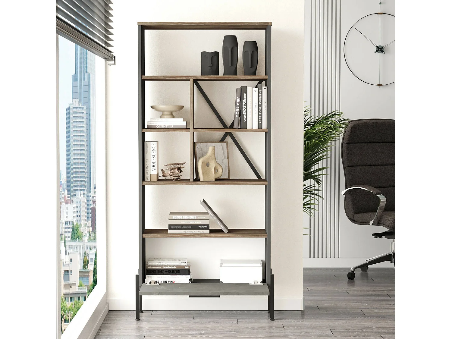 Bibliothèque Dmarsilett, Etagère de bureau, Porte-livre mobile, Librairie, 76x45 h161 cm, Marron et gris