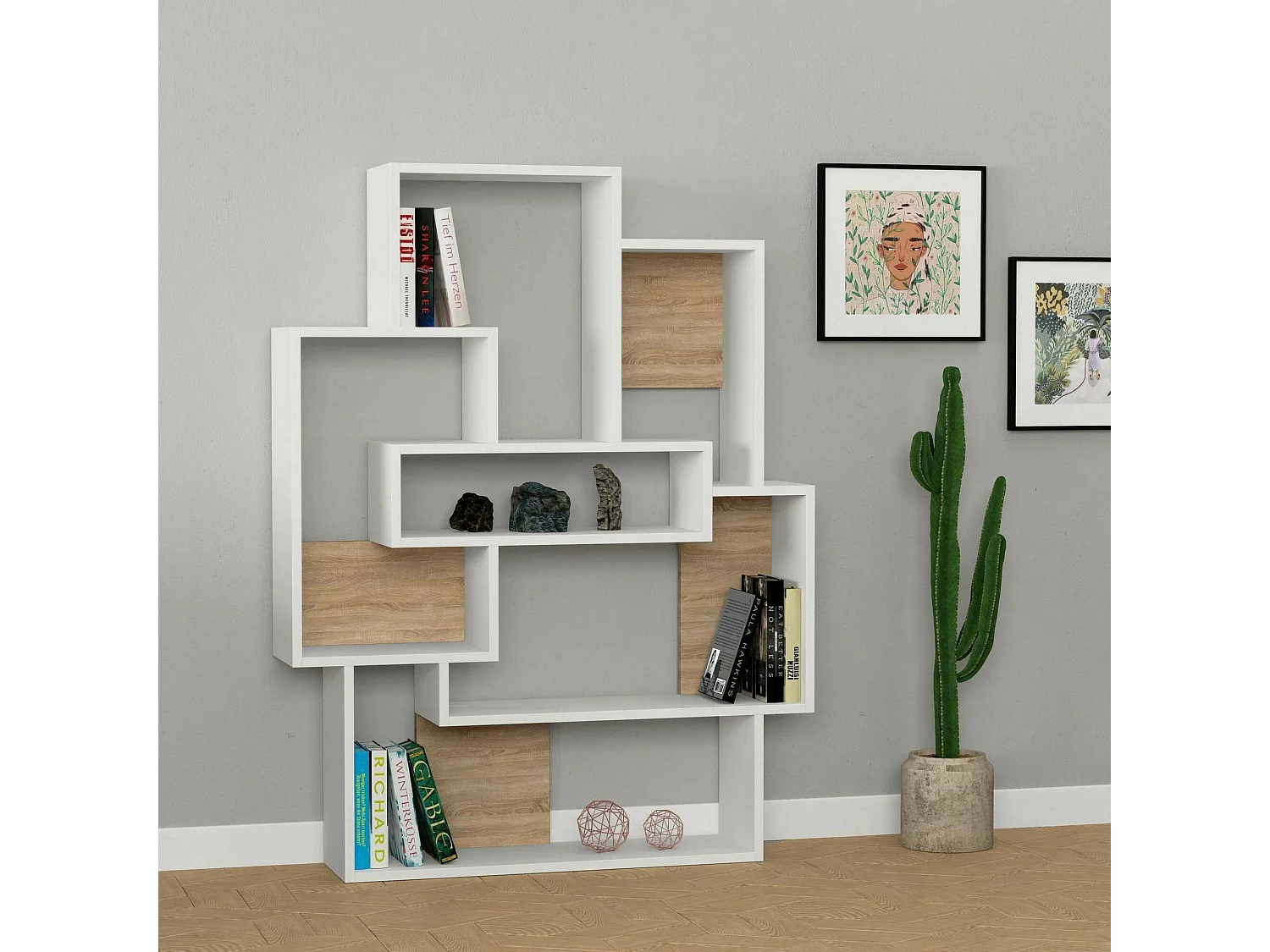 Bibliothèque Dalvarezmartine, Etagère de bureau, Porte-livre mobile, Librairie, 101x22 h132 cm, Blanc et chêne