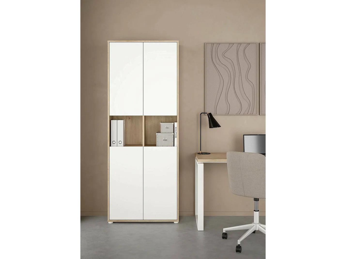 Bibliothèque Dtavca, Etagère de bureau, Porte-livre mobile, Librairie, 80x34 h205 cm, Chêne clair et Blanc