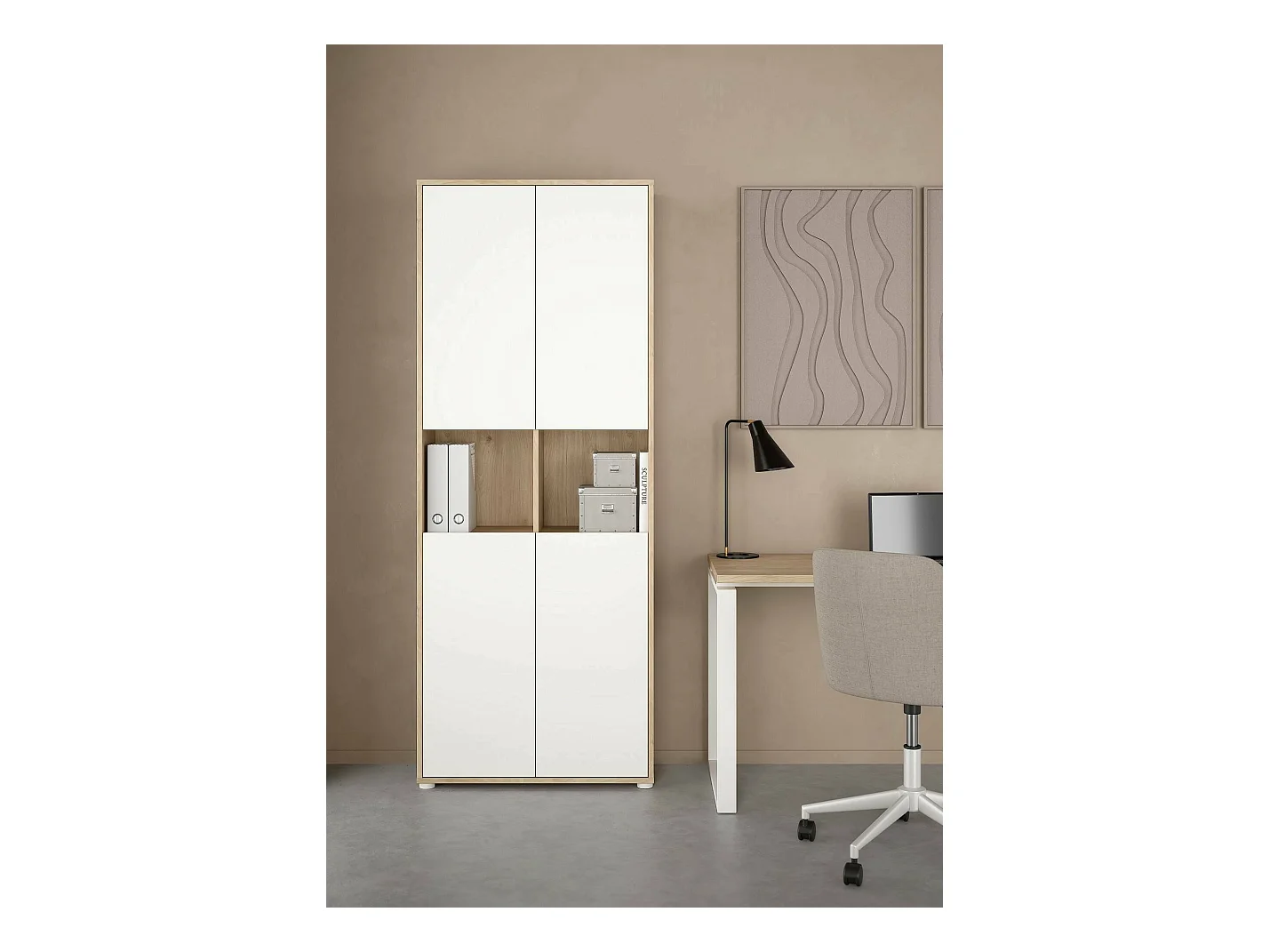 Bibliothèque Dtavca, Etagère de bureau, Porte-livre mobile, Librairie, 80x34 h205 cm, Chêne clair et Blanc