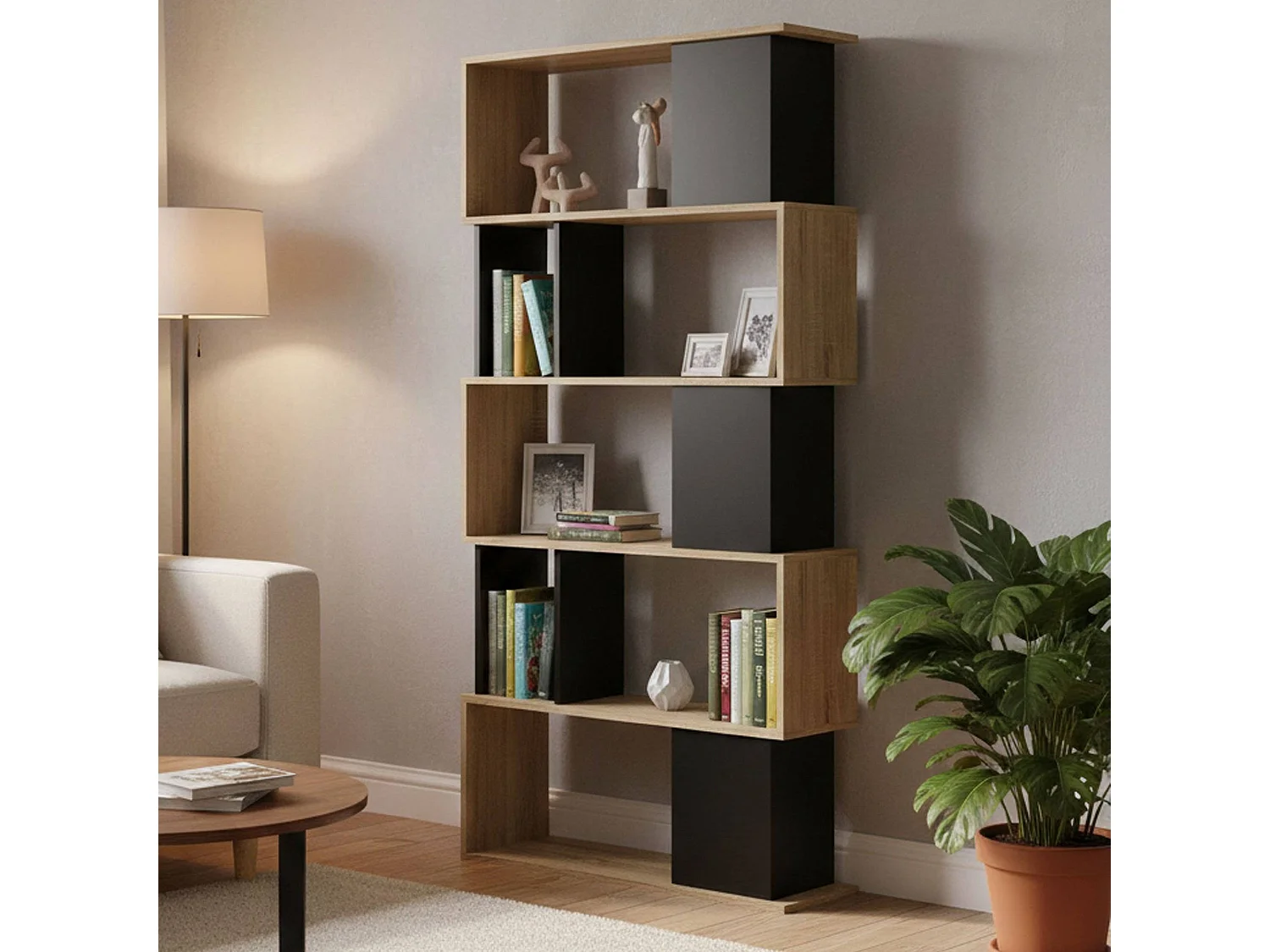 Bibliothèque Dscamacc, Etagère de bureau, Porte-livre mobile, Librairie, 80x29 h175 cm, Chêne et Noir