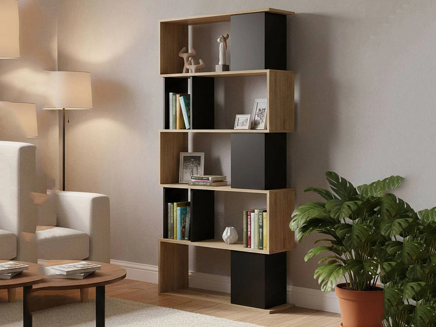Bibliothèque Dscamacc, Etagère de bureau, Porte-livre mobile, Librairie, 80x29 h175 cm, Chêne et Noir