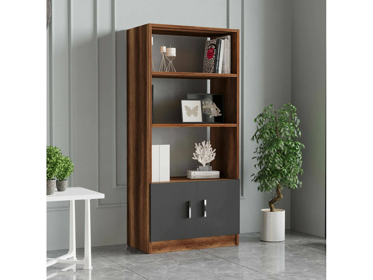 Dlegrottagli boekenkast, Kantoorplank, Boekenkast, Bibliotheek, 64x38 h140 cm, Walnoot en Antraciet