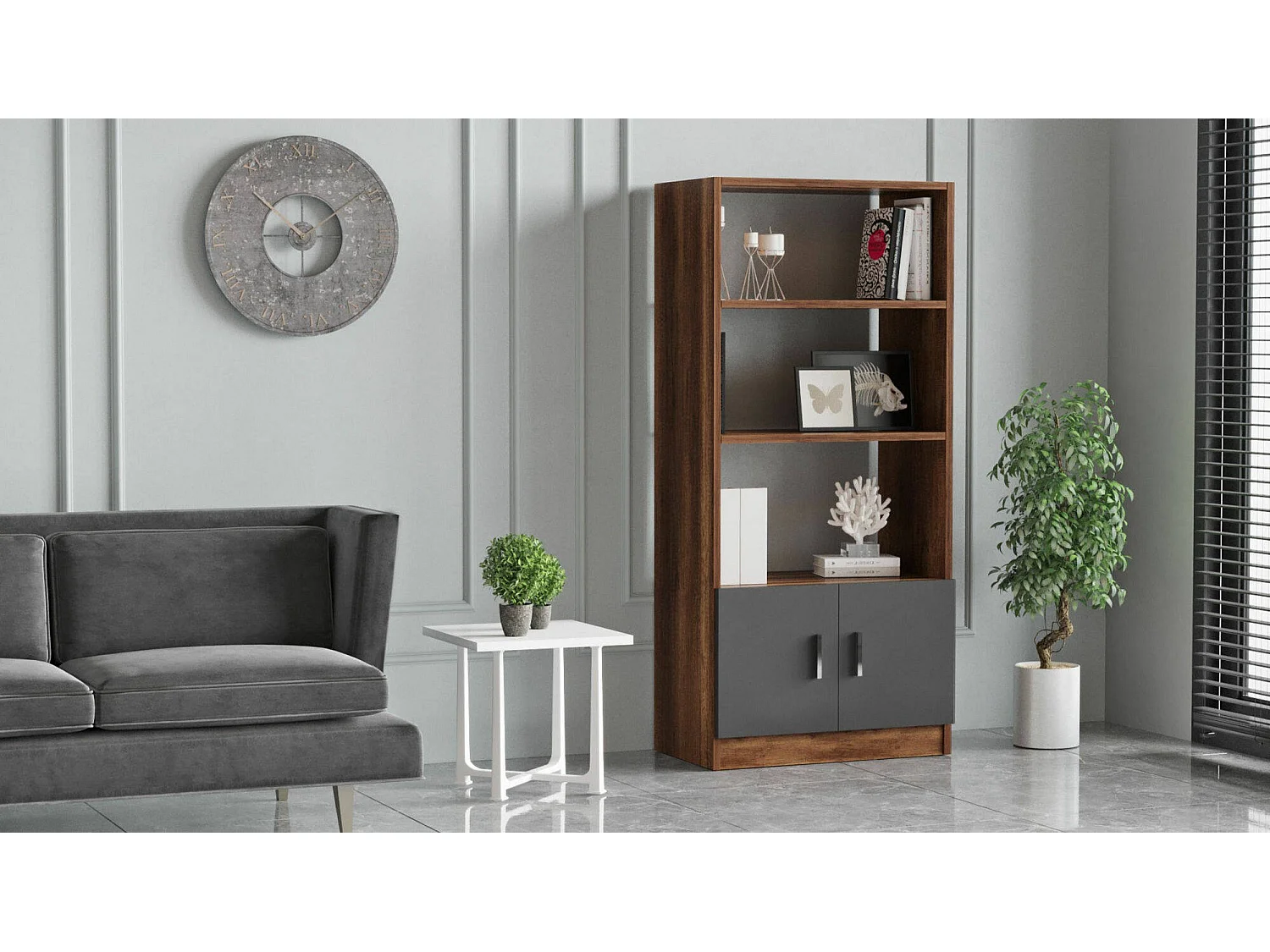 Dlegrottagli boekenkast, Kantoorplank, Boekenkast, Bibliotheek, 64x38 h140 cm, Walnoot en Antraciet