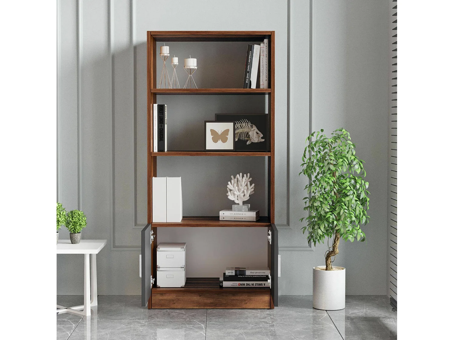 Dlegrottagli boekenkast, Kantoorplank, Boekenkast, Bibliotheek, 64x38 h140 cm, Walnoot en Antraciet