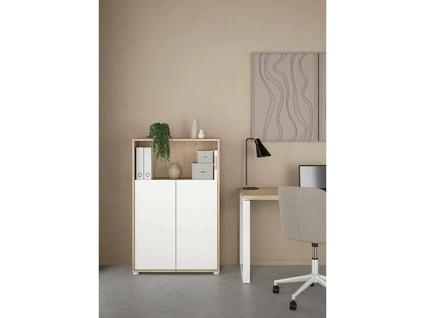 Bibliothèque Dtass, Etagère de bureau, Porte-livre mobile, Librairie, 80x34 h124 cm, Chêne clair et Blanc