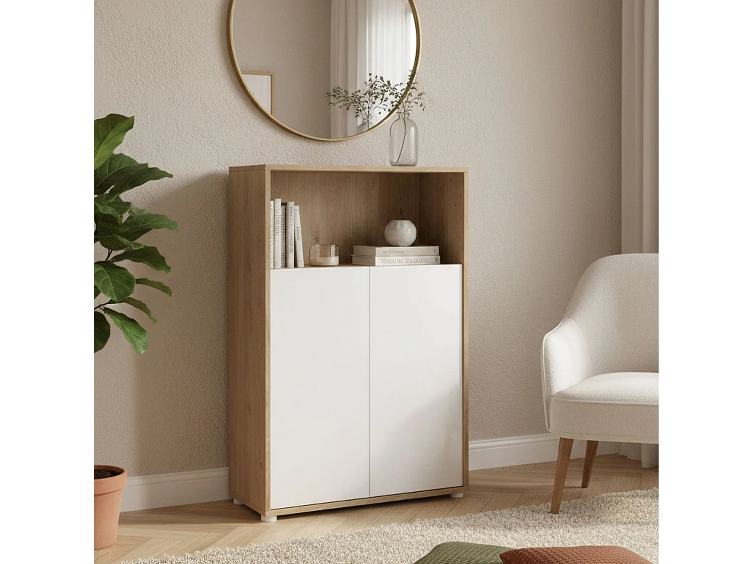 Estante Dtass, estante de escritório, estante, biblioteca, 80x34 h124 cm, carvalho e branco