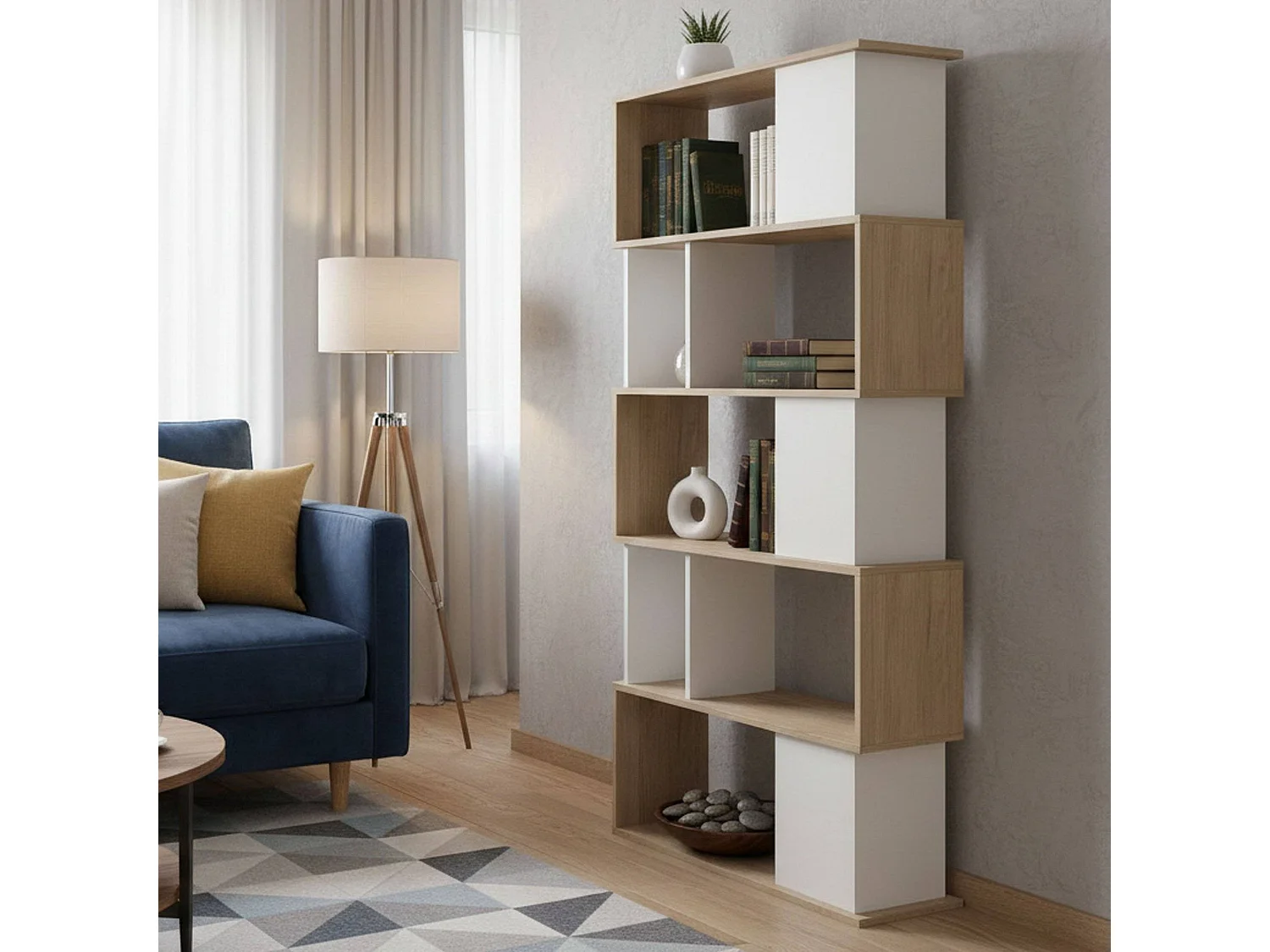 Bibliothèque Dscamacc, Etagère de bureau, Porte-livre mobile, Librairie, 80x30 h174 cm, Chêne clair et Blanc