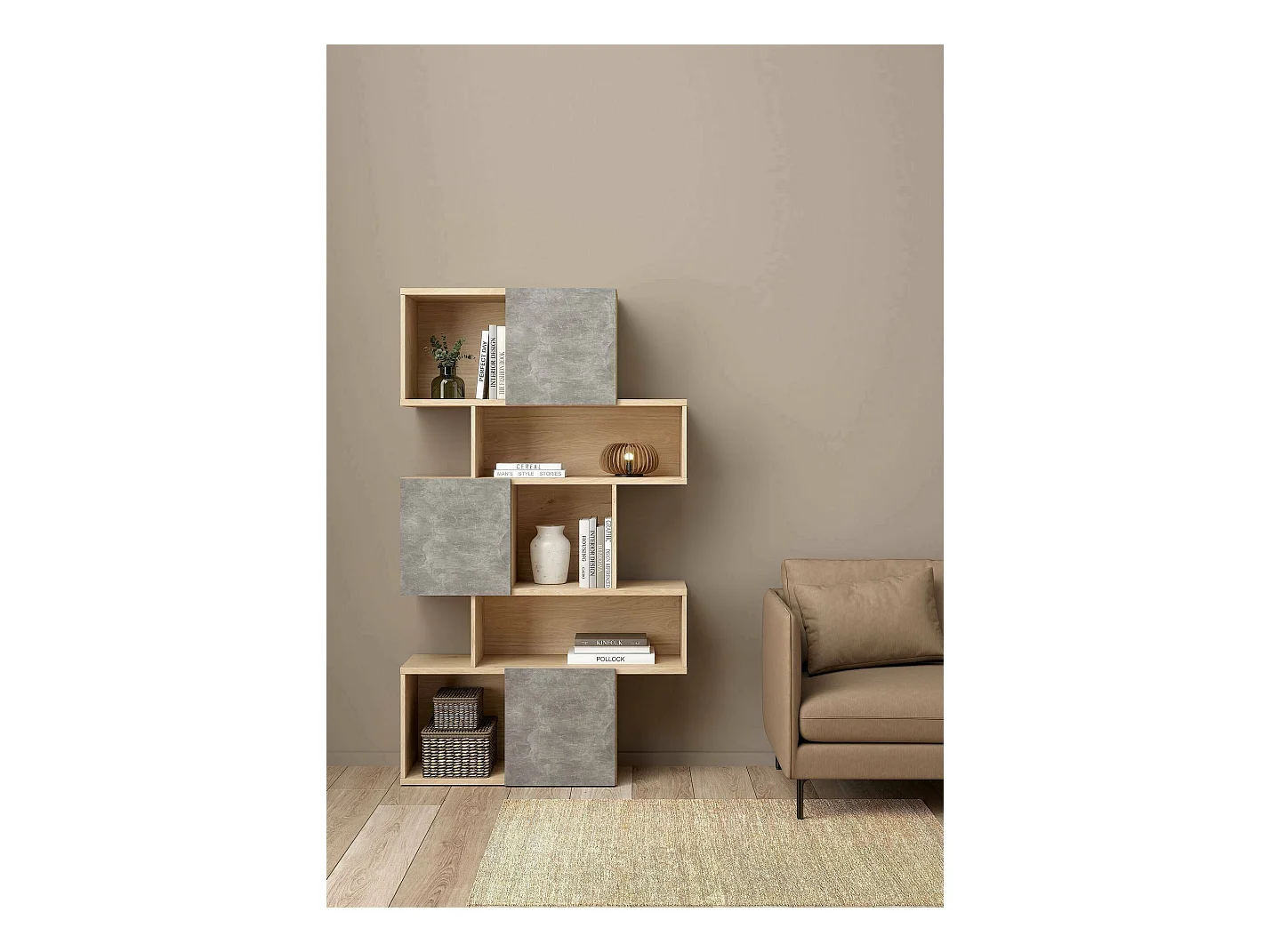 Bibliothèque Dsangall, Etagère de bureau, Porte-livre mobile, Librairie, 96x32 h166 cm, Chêne clair et Ciment