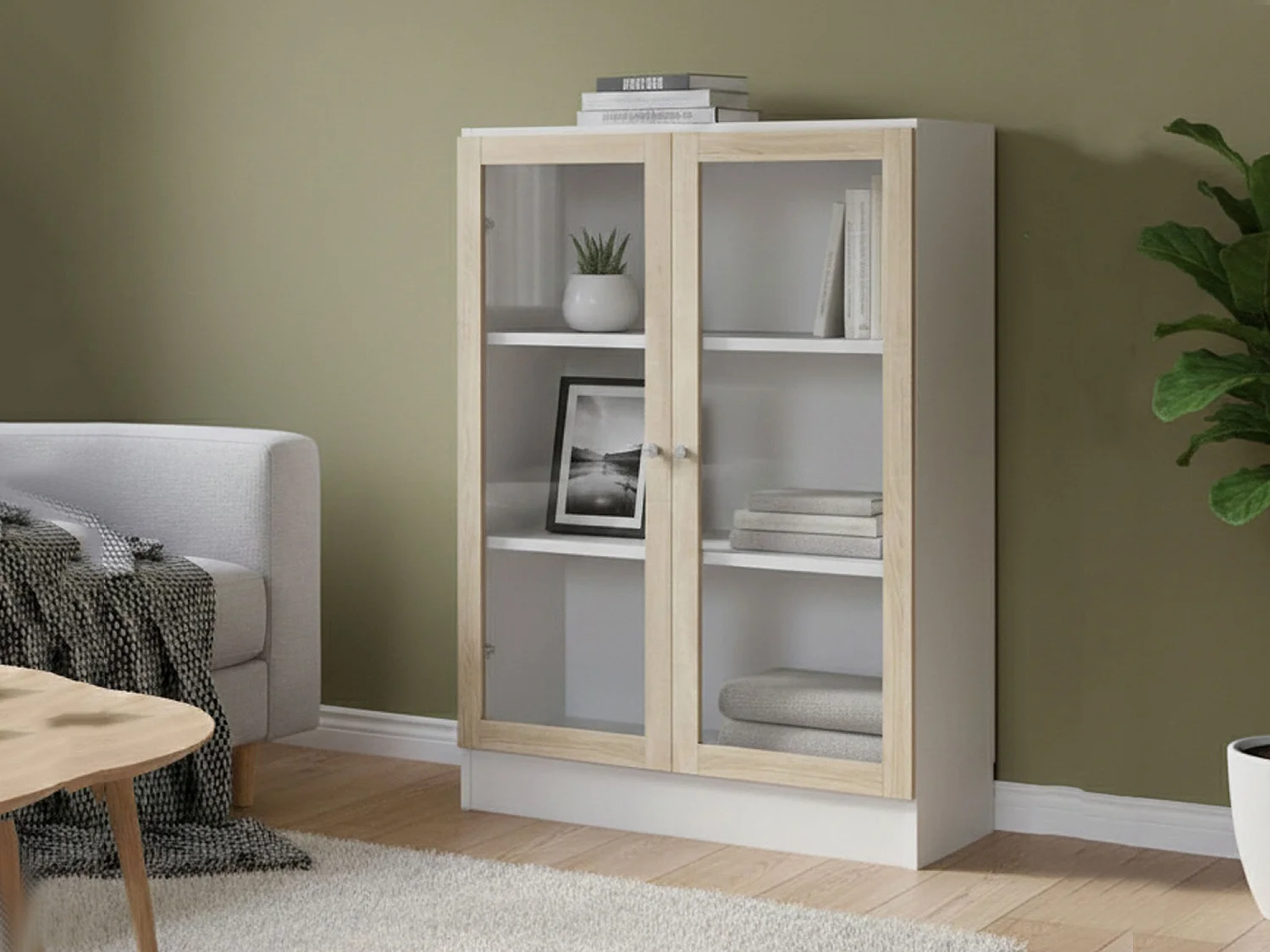 Bibliothèque Dskrinia, Etagère de bureau, Porte-livre mobile, Librairie, 79x28 h107 cm, Blanc et chêne