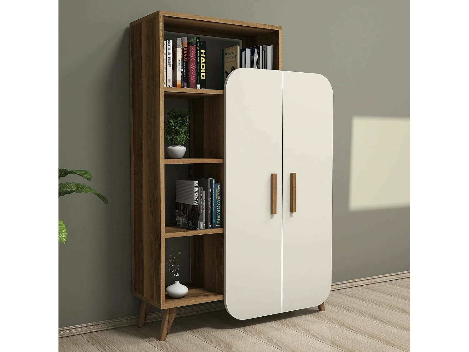 Bibliothèque Dnotaristefan, Etagère de bureau, Porte-livre mobile, Librairie, 90x32 h132 cm, Noyer et Crème