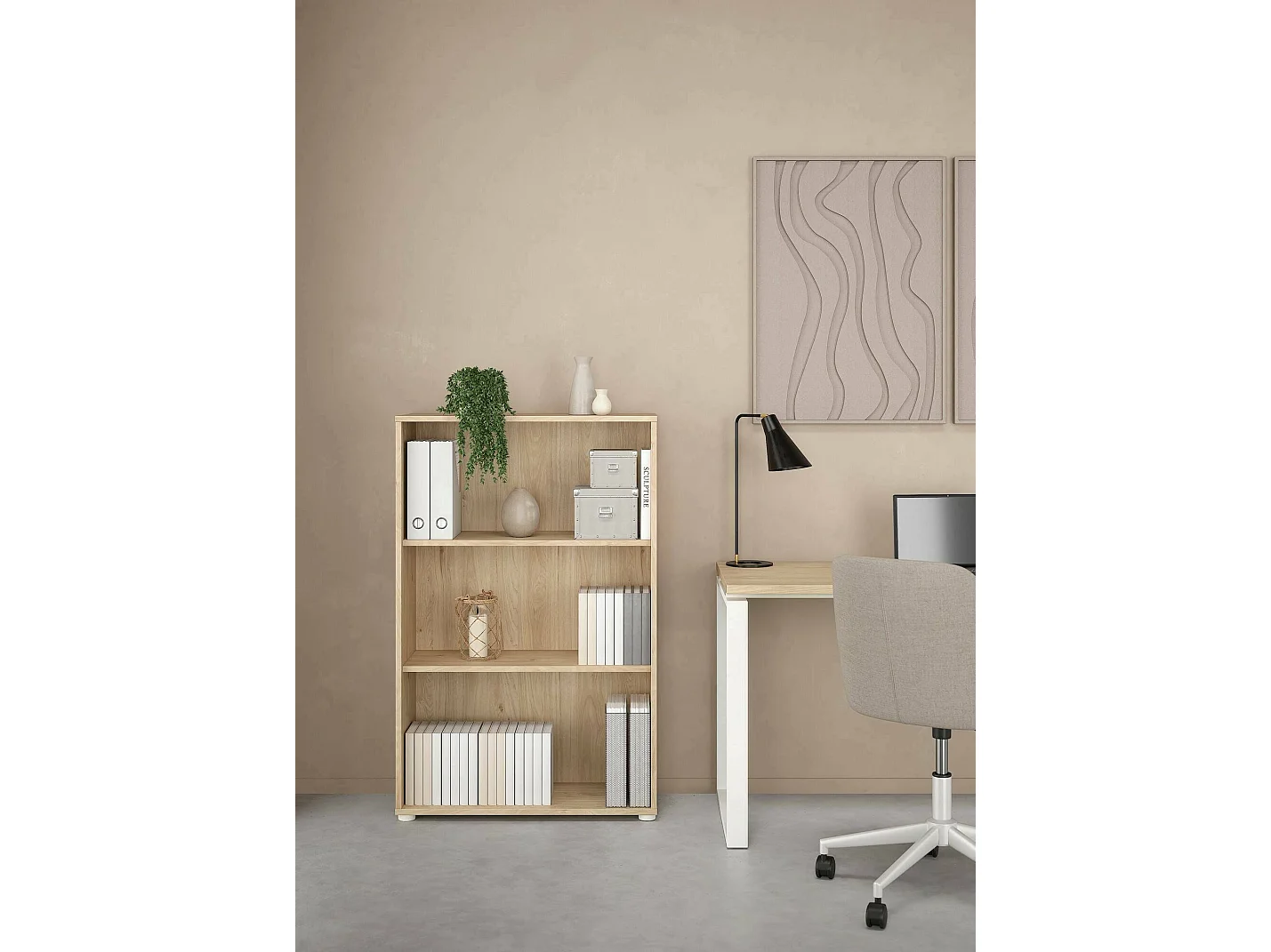 Bibliothèque Dsori, Etagère de bureau, Porte-livre mobile, Librairie, 80x34 h124 cm, Chêne clair