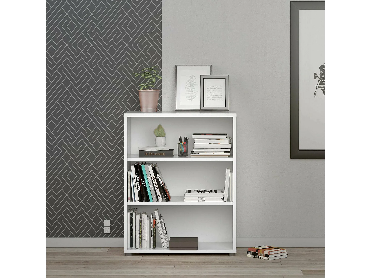 Bibliothèque Dterlizz, Etagère de bureau, Porte-livre mobile, Librairie, 89x40 h113 cm, Blanc