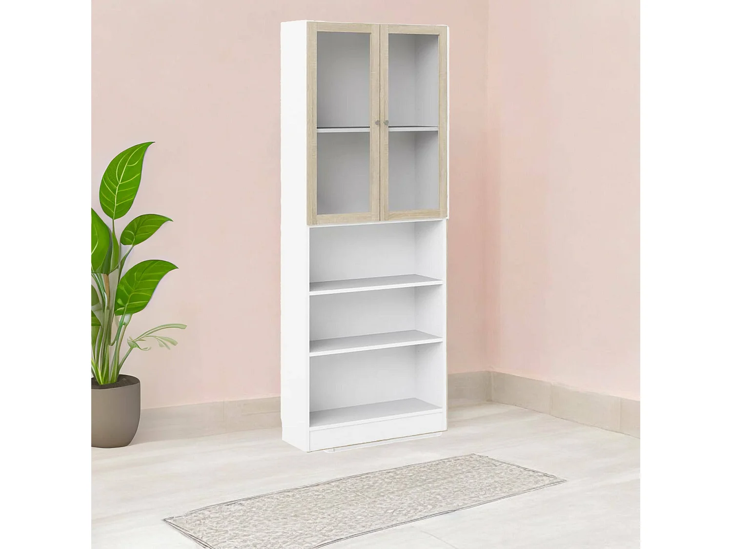 Bibliothèque Dsmallin, Etagère de bureau, Porte-livre mobile, Librairie, 79x28 h203 cm, Blanc et chêne