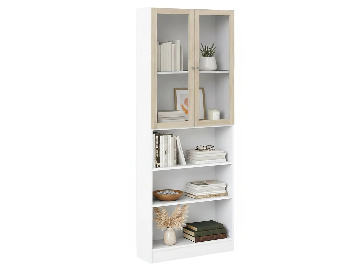 Bibliothèque Dsmallin, Etagère de bureau, Porte-livre mobile, Librairie, 79x28 h203 cm, Blanc et chêne