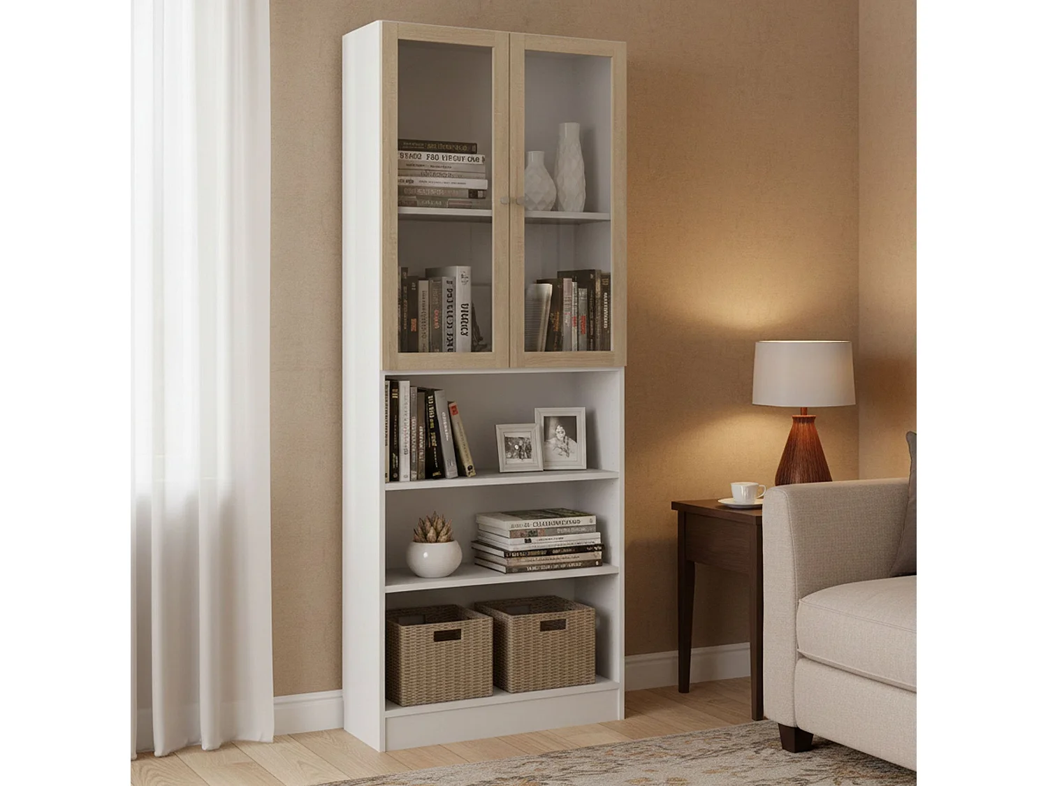 Bibliothèque Dsmallin, Etagère de bureau, Porte-livre mobile, Librairie, 79x28 h203 cm, Blanc et chêne