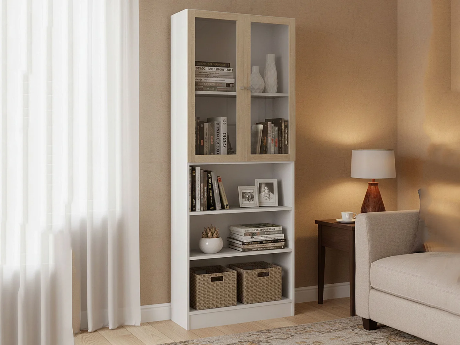 Bibliothèque Dsmallin, Etagère de bureau, Porte-livre mobile, Librairie, 79x28 h203 cm, Blanc et chêne