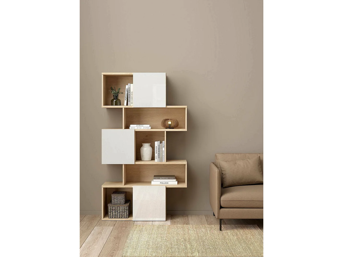 Bibliothèque Dsangall, Etagère de bureau, Porte-livre mobile, Librairie, 96x32 h166 cm, Chêne clair et Blanc