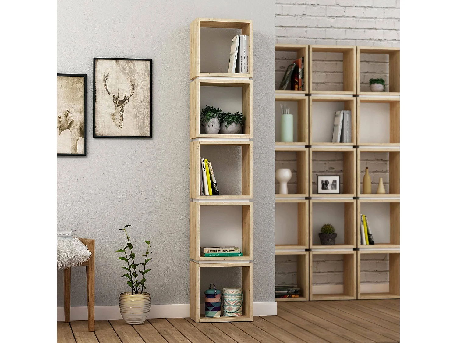 Dflakusbosil boekenkast, Kantoorplank, Boekenkast, Bibliotheek, 32x22 h167 cm, Eiken en Wit