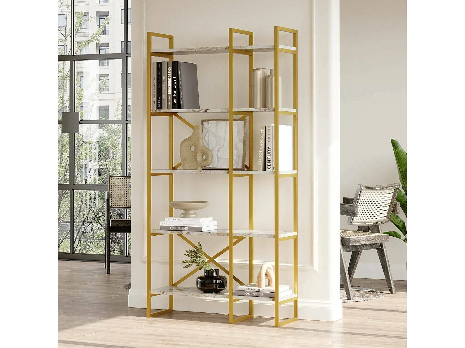 Bibliothèque Ddesplanche, Etagère de bureau, Porte-livre mobile, Librairie, 88x30 h175 cm, Gris et Marbre