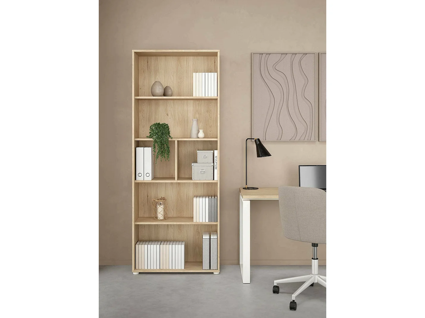 Bibliothèque Dsposit, Etagère de bureau, Porte-livre mobile, Librairie, 80x34 h205 cm, Chêne clair