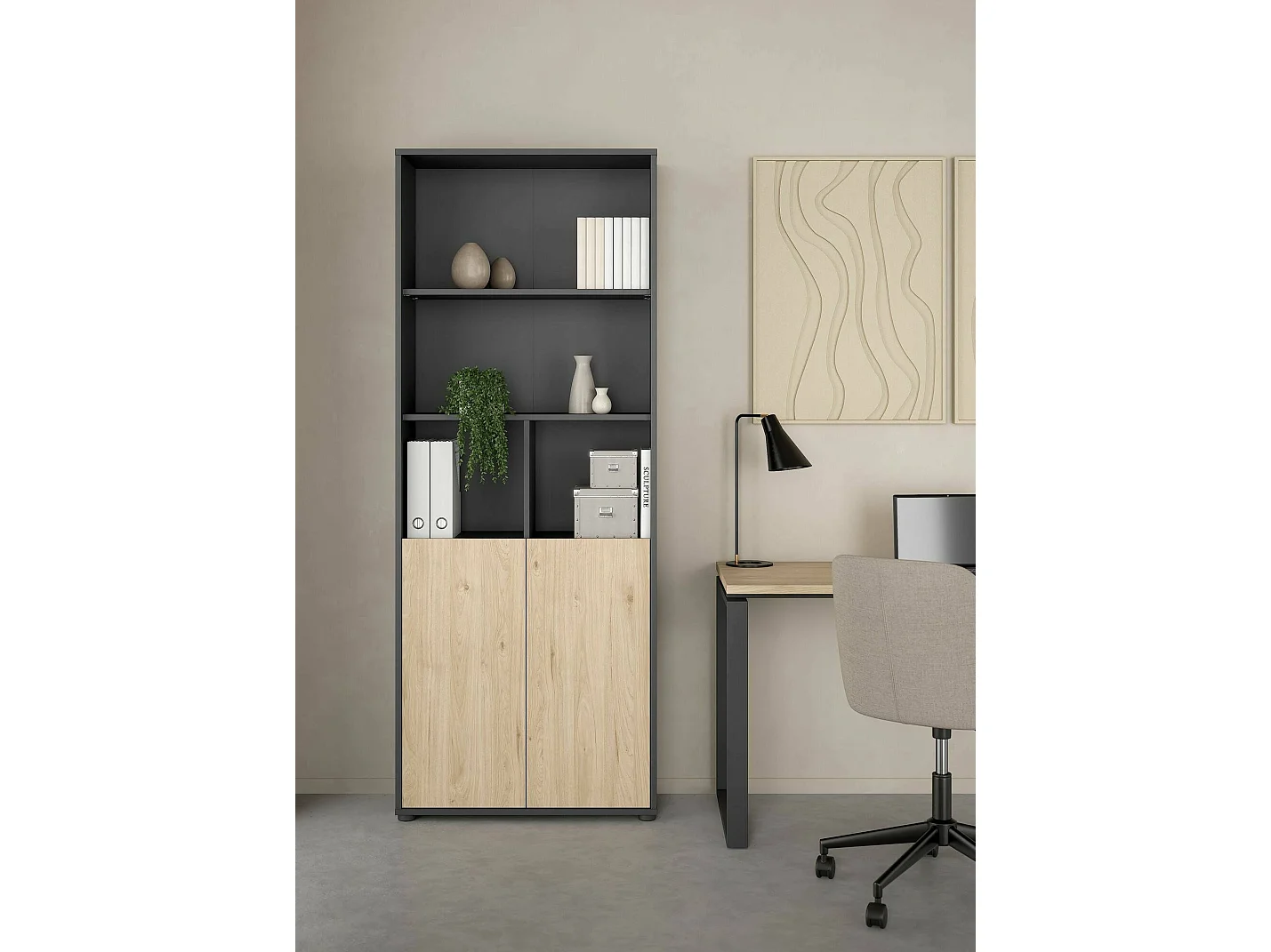 Bibliothèque Dtassott, Etagère de bureau, Porte-livre mobile, Librairie, 80x34 h205 cm, Chêne et Gris