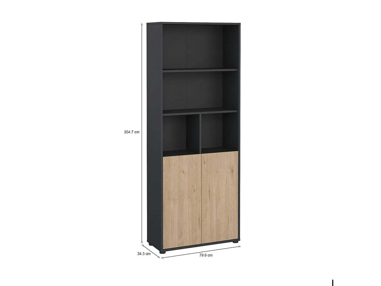Bibliothèque Dtassott, Etagère de bureau, Porte-livre mobile, Librairie, 80x34 h205 cm, Chêne et Gris