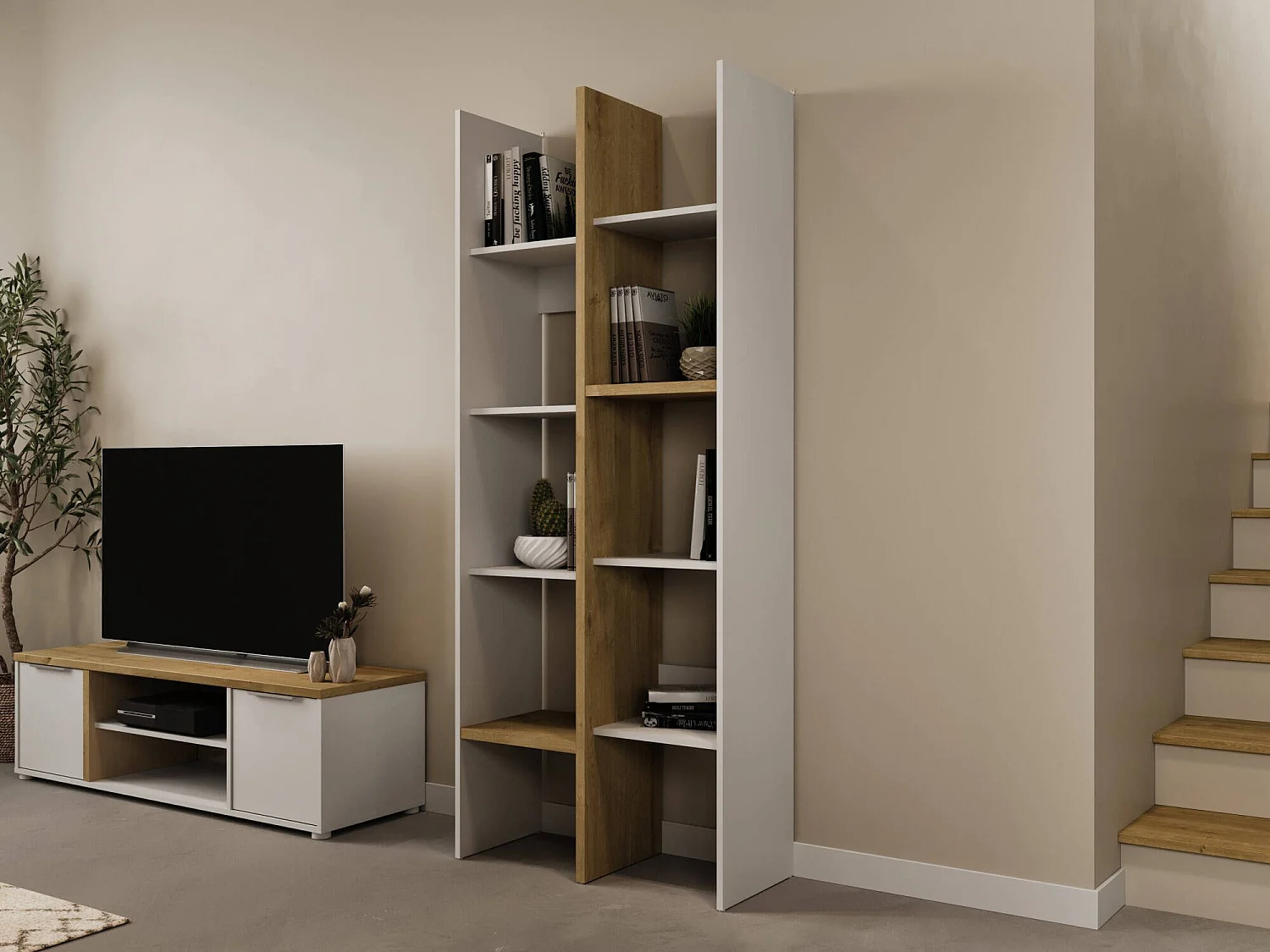 Bibliothèque Donomach, Etagère de bureau, Porte-livre mobile, Librairie, 76x33 h183 cm, Chêne clair et Blanc