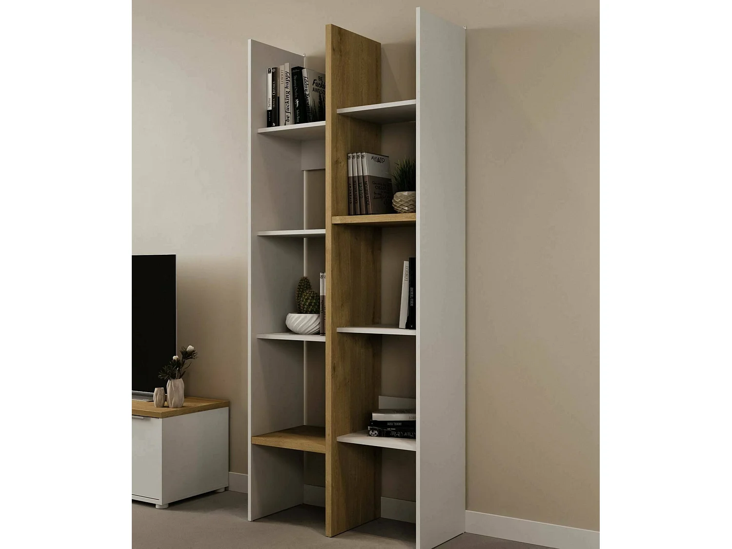 Donomach boekenkast, Kantoorplank, Boekenkast, Bibliotheek, 76x33 h183 cm, Eiken en Wit