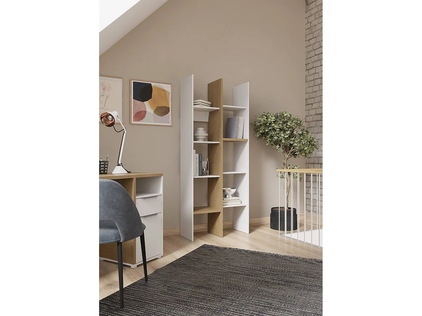 Donomach boekenkast, Kantoorplank, Boekenkast, Bibliotheek, 76x33 h183 cm, Eiken en Wit