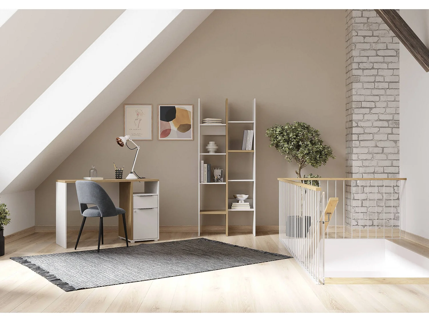 Donomach boekenkast, Kantoorplank, Boekenkast, Bibliotheek, 76x33 h183 cm, Eiken en Wit