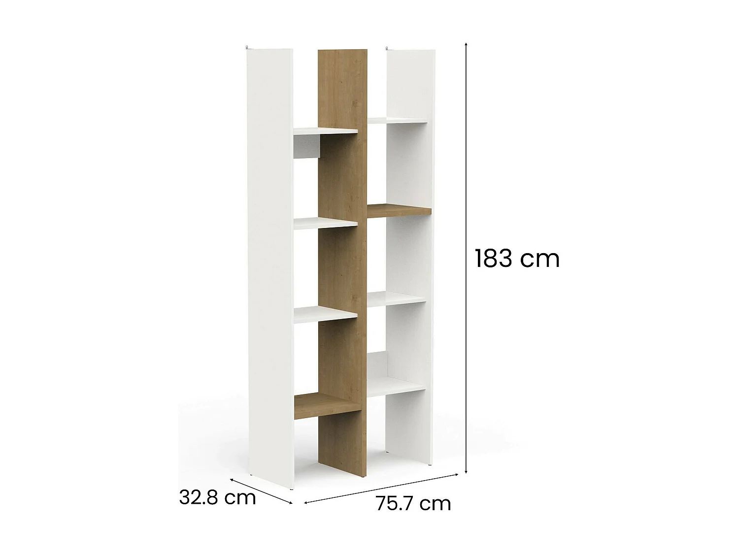 Donomach boekenkast, Kantoorplank, Boekenkast, Bibliotheek, 76x33 h183 cm, Eiken en Wit