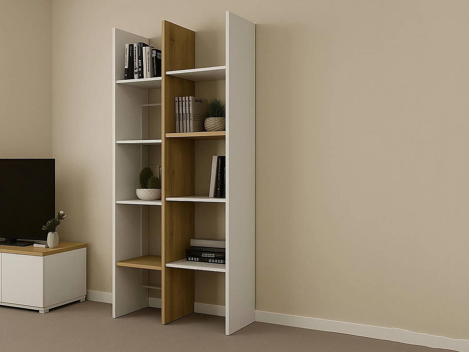 Donomach boekenkast, Kantoorplank, Boekenkast, Bibliotheek, 76x33 h183 cm, Eiken en Wit