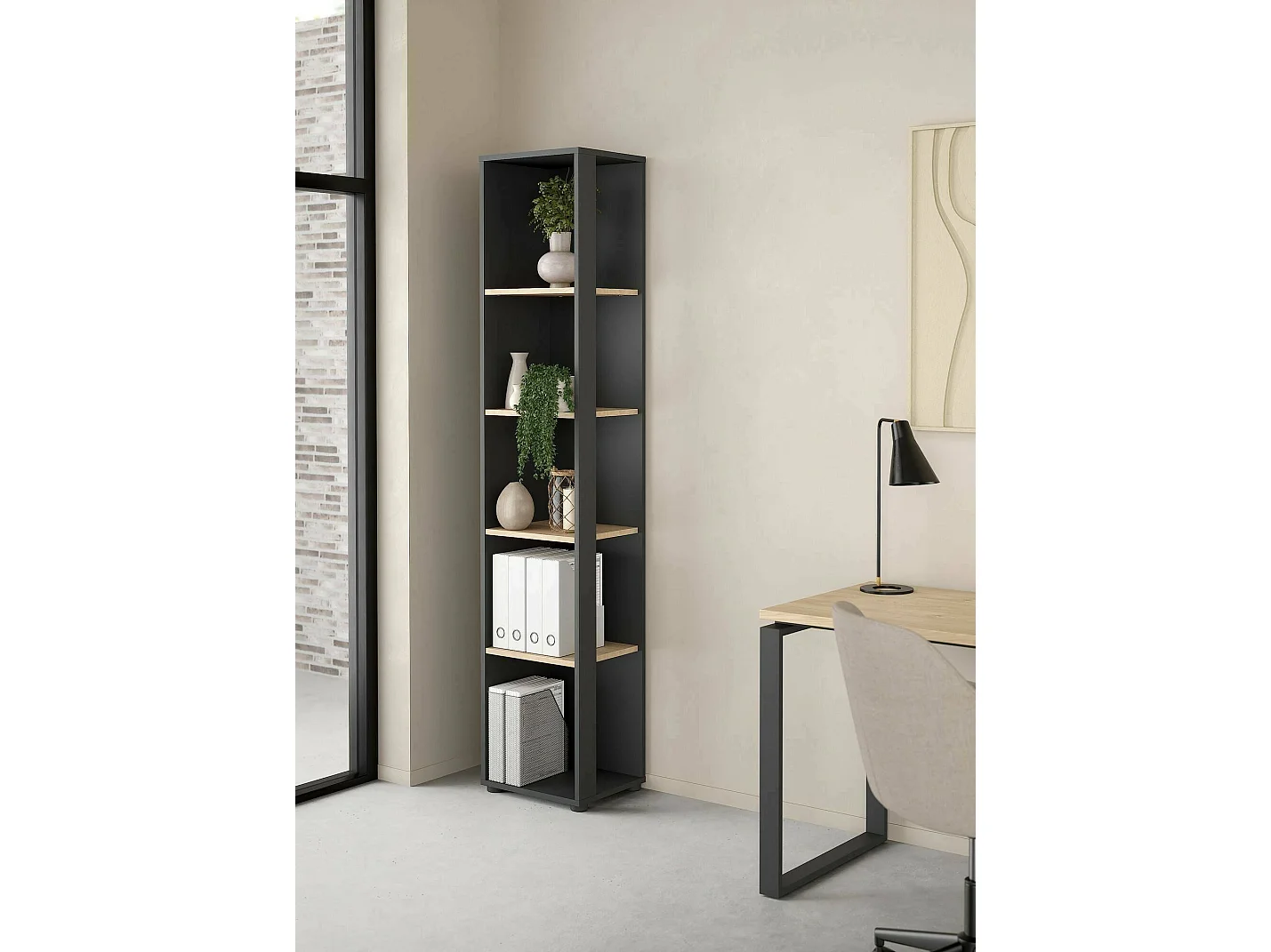 Bücherregal Dtalarin, Büroregal, Mobiler Buchhalter, Bücherbrett, 41x34 h205 cm, Eiche und Grau