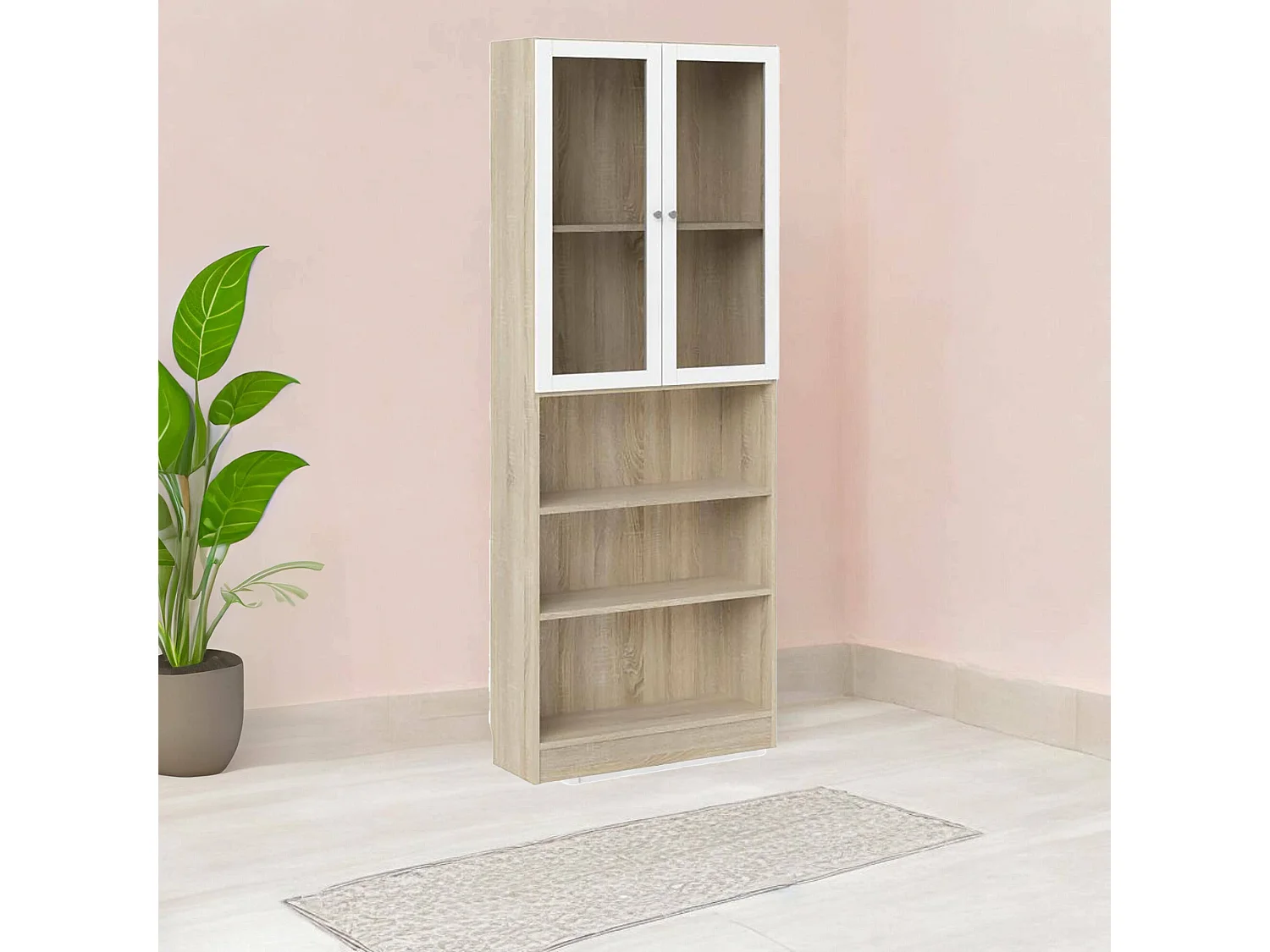 Bibliothèque Dsmallin, Etagère de bureau, Porte-livre mobile, Librairie, 79x28 h203 cm, Chêne et Blanc