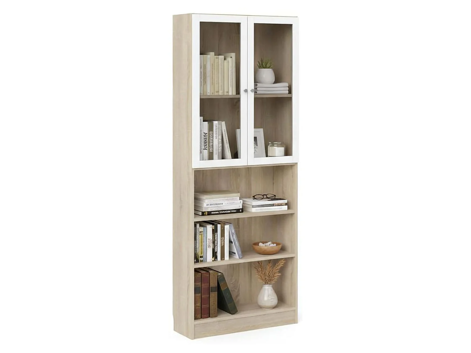 Bibliothèque Dsmallin, Etagère de bureau, Porte-livre mobile, Librairie, 79x28 h203 cm, Chêne et Blanc