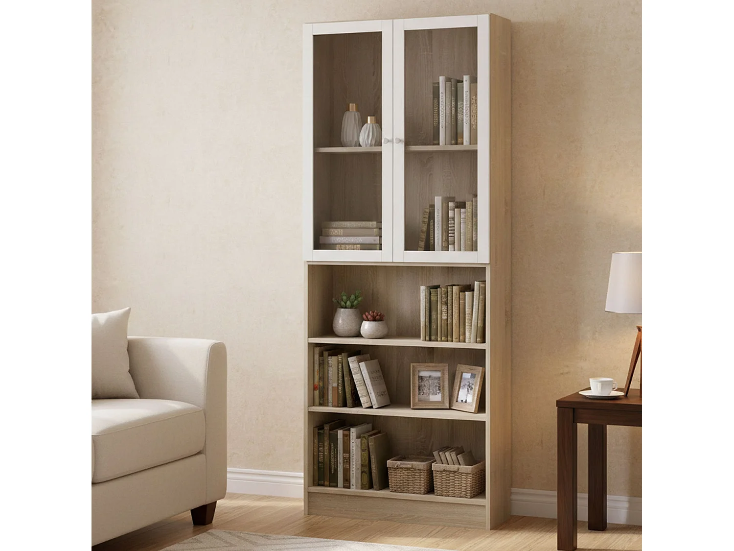 Bibliothèque Dsmallin, Etagère de bureau, Porte-livre mobile, Librairie, 79x28 h203 cm, Chêne et Blanc