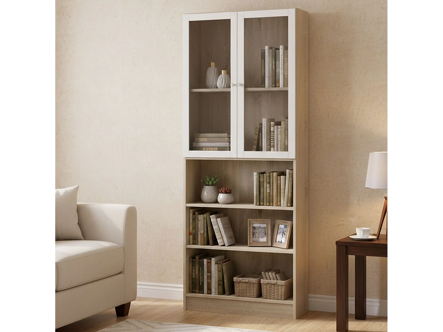 Bibliothèque Dsmallin, Etagère de bureau, Porte-livre mobile, Librairie, 79x28 h203 cm, Chêne et Blanc