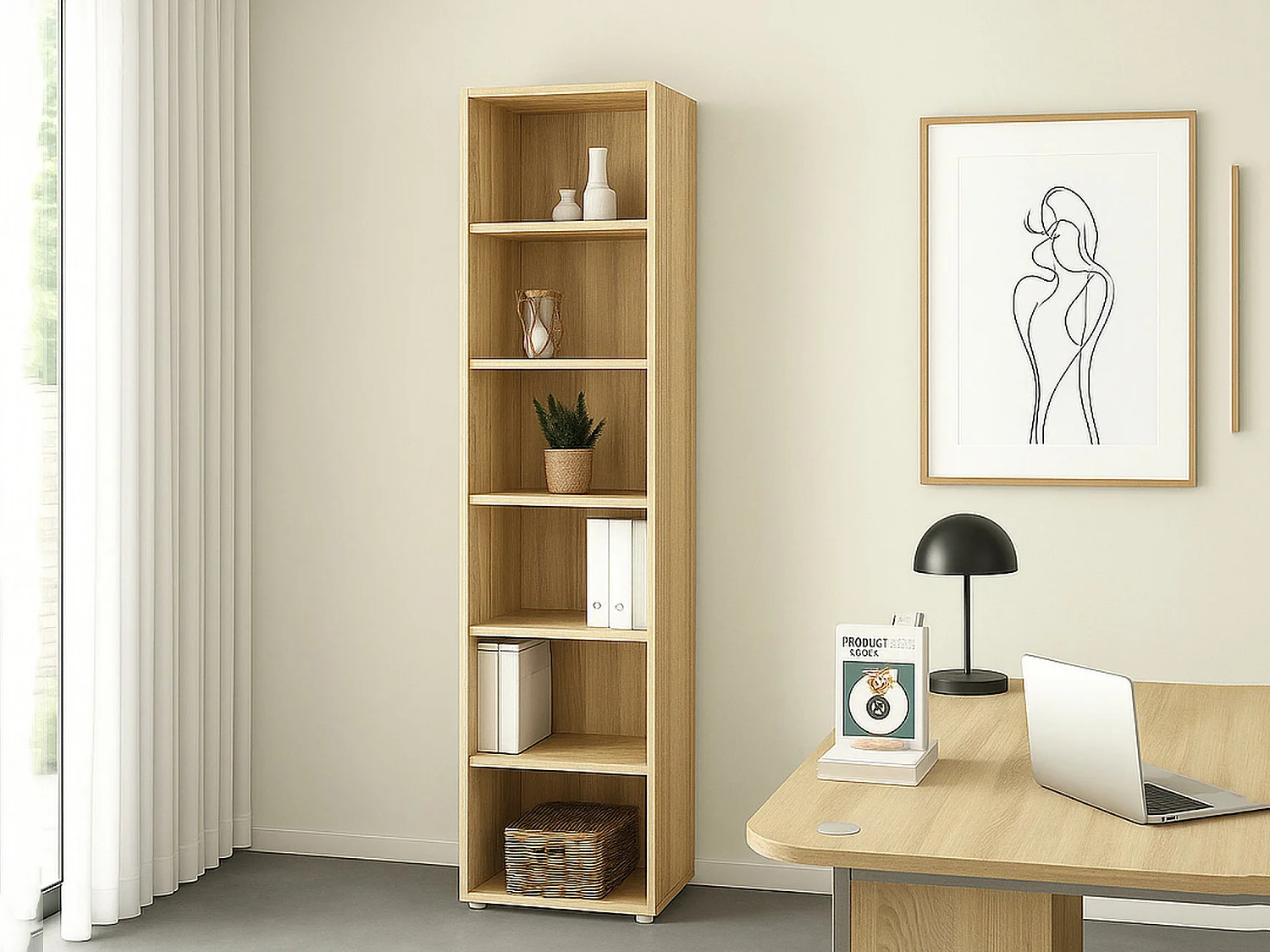 Estante para libros Dtern, Estante de oficina, Porta libros móvil, Biblioteca, 47x40 h222 cm, Roble