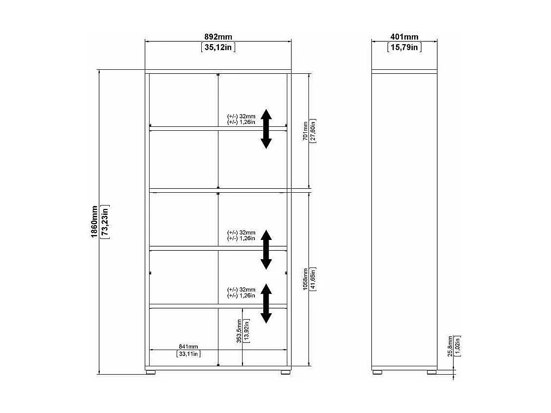 Dtedold boekenkast, Kantoorplank, Boekenkast, Bibliotheek, 89x40 h186 cm, Wit