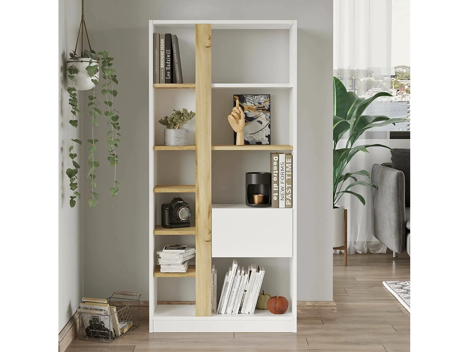 Bibliothèque Dmandorlin, Etagère de bureau, Porte-livre mobile, Librairie, 76x25 h160 cm, Chêne et Blanc