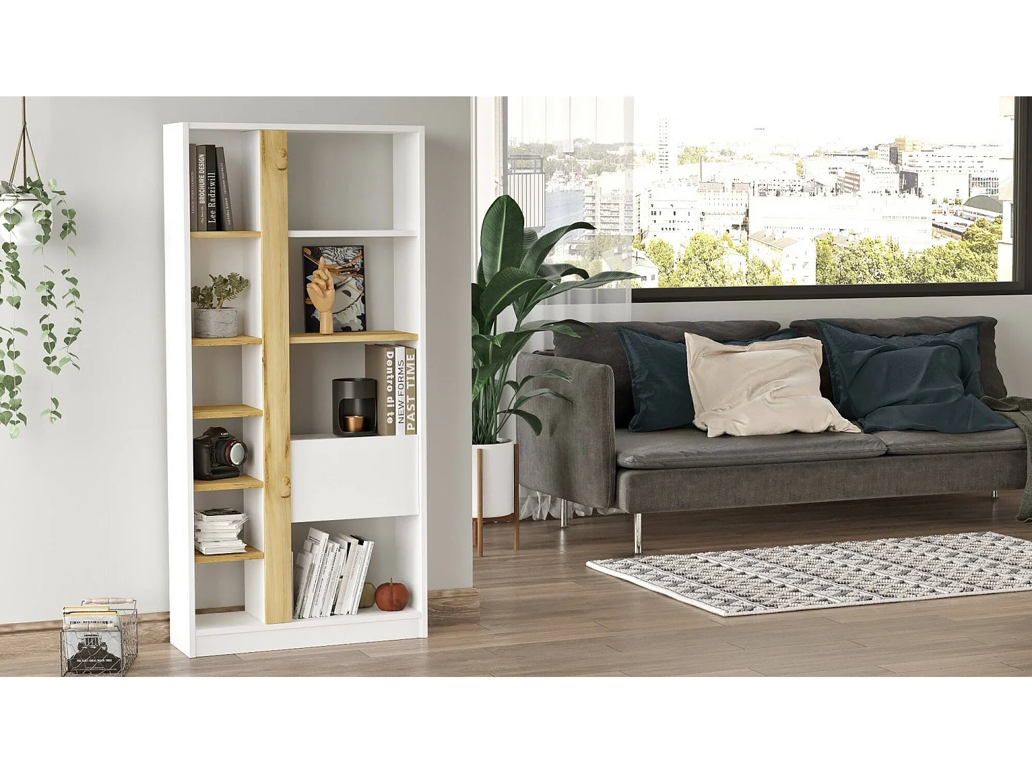 Bibliothèque Dmandorlin, Etagère de bureau, Porte-livre mobile, Librairie, 76x25 h160 cm, Chêne et Blanc